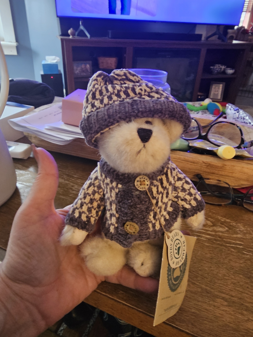 Boyds Bears Plush in Gray and Cream Knit Cardigan